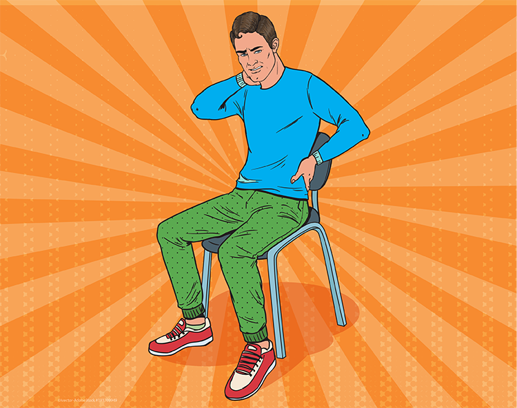 young man sitting in chair, wincing in pain reaching for his neck and back, pop art