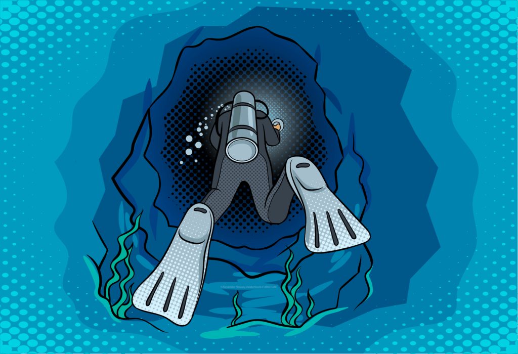 Scuba diver swimming into blue cave illustration